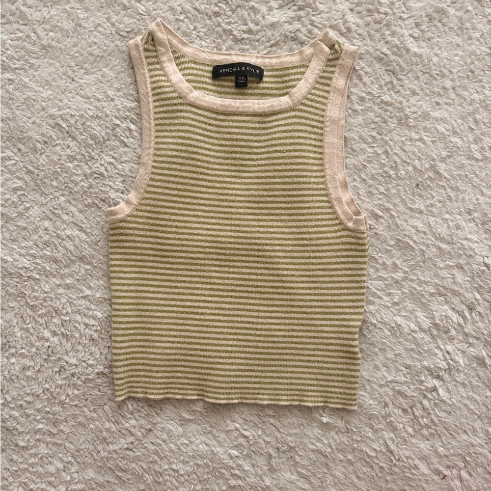Kendall & Kylie Cream and Green Ribbed Sleeveless Tank Top